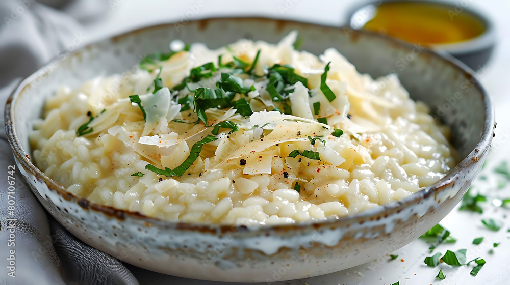 close - up of creamy risotto with parmesan shavings in a bowl close - up of creamy risotto with parmesan shavings in a bowl