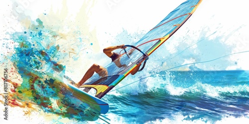 A vivid windsurfer rides the waves, blending real-life action with an explosion of colorful paint splashes against a clear blue sky