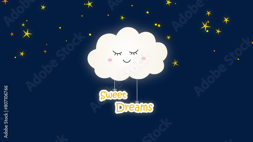 sweet dreams text and night sky with cloud and stars  background, kids lullaby and nursery rhyme design element	 photo