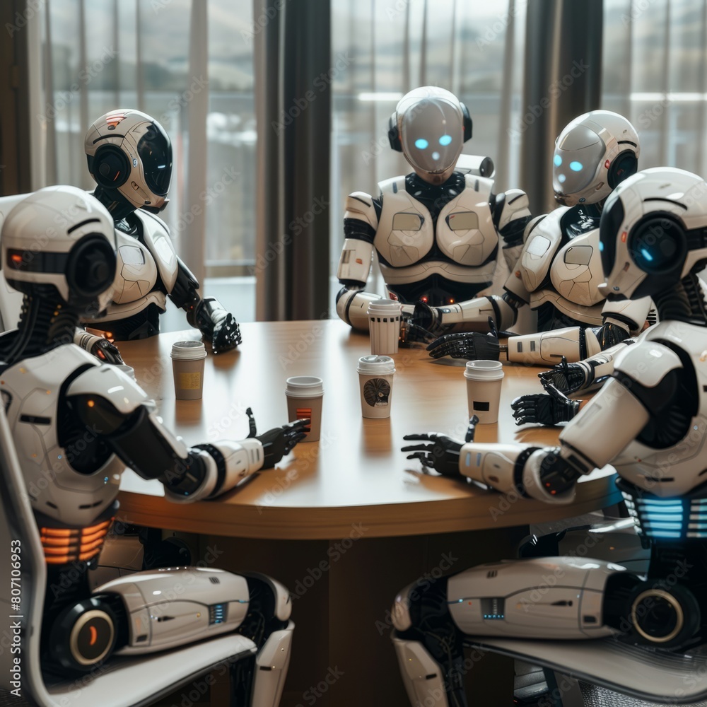 Dynamic Discussion: 6 Male Robots in Business Casual Attire Engaging in Active Conversation Around Round Table
Dynamic Discussion: 6 Male Robots in Business Casual Attire Engaging in Active Conversation Around Round Table