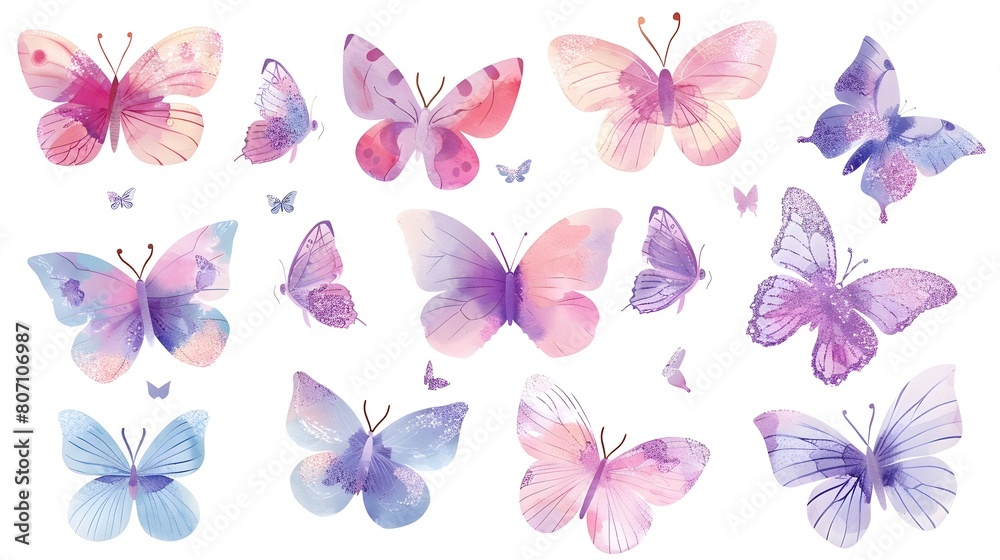 Delicate and Dreamy Pastel Butterfly Stickers with Sparkling Watercolor on White Background