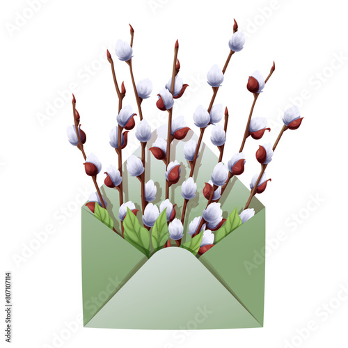 Envelope with pussy willow on an isolated background. Spring illustration. Happy Easter. Delicate bouquet for decoration, design, cards, invitations, etc.