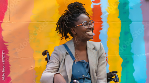 Happy african American businesswoman in wheelchair smiling against rainbow pride mural. Black history month. Successful ambitious black woman with disability. Inclusion  AI © Prasanth