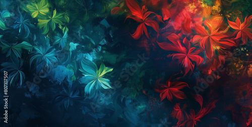 abstract background, branches, flowers and leaves, blue, red, orange and green colors © Jelena