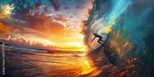 A thrill-seeking surfer rides the curve of a massive wave as the sun sets, encapsulating the raw power of nature