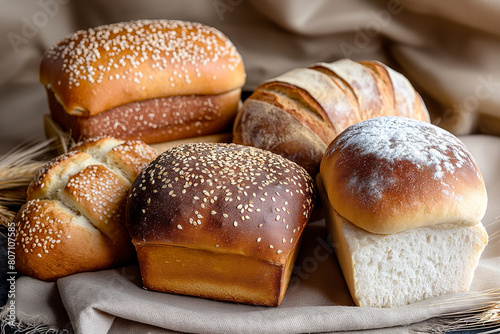 bread and buns, In addition to its aesthetic appeal, the bakery background celebrates the wholesome goodness of bread as a staple of the human diet