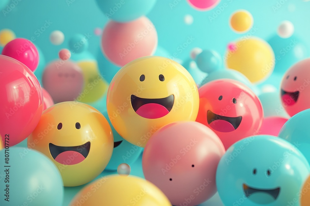 Vibrant Smiley Face Balls Among Colorful Spheres Vibrant Smiley Face Balls Among Colorful Spheres