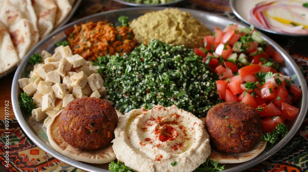 A vibrant platter of Middle Eastern meze featuring hummus, falafel, tabbouleh, and pita bread, a colorful and flavorful spread. A vibrant platter of Middle Eastern meze featuring hummus, falafel, tabbouleh, and pita bread, a colorful and flavorful spread.