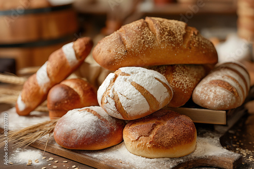 bread on the table, In addition to its aesthetic appeal, the bakery background celebrates the wholesome goodness of bread as a staple of the human diet