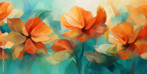 abstract watercolor orange flowers on green background