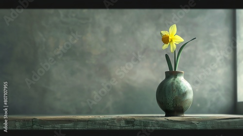 A beautiful daffodil in a vase sits on a wooden table.