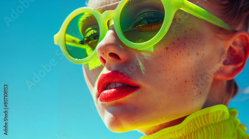 Young stylish woman model posing for edgy and modern fashion editorial. Green neon glasses. Conceptual photo in vivid colors. Haute couture contemporary trends