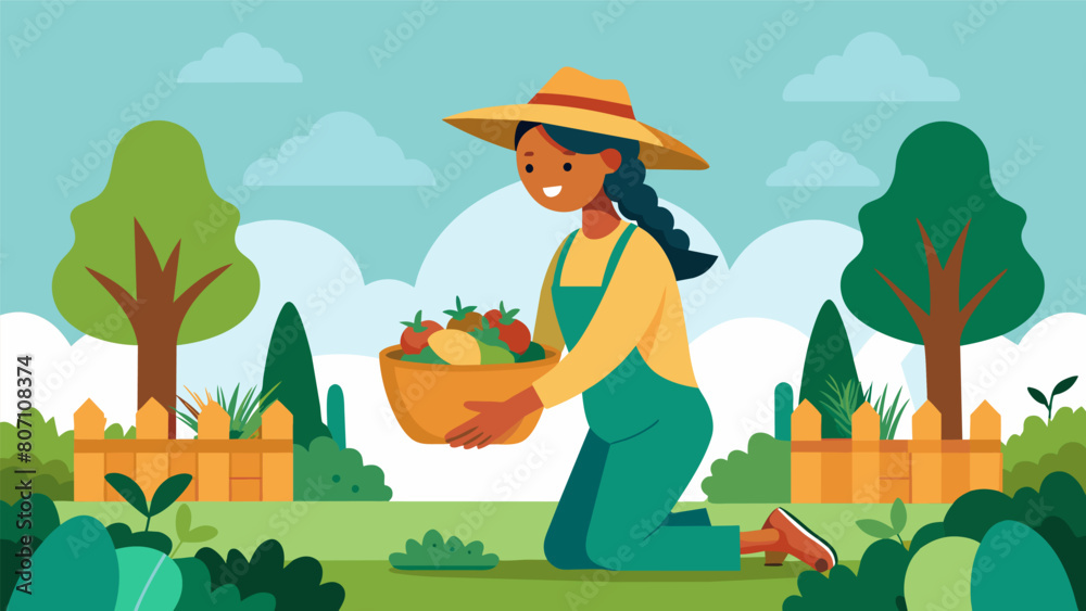 Tending to a vegetable garden in the backyard with a sunhat on and a woven basket to hold the freshly harvested produce..