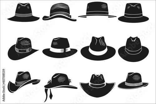 Set of cowboy hat silhouettes, Set of cowboy hat icons, Cowboy hat silhouette, Silhouettes of hat, Black hat silhouettes, Vector