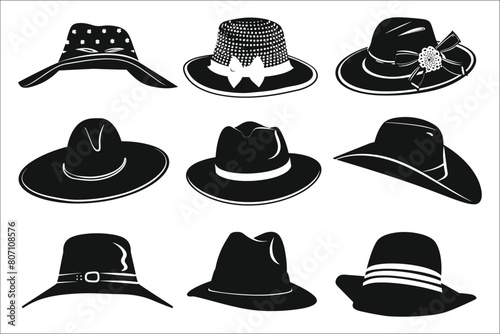 Set of cowboy hat silhouettes, Set of cowboy hat icons, Cowboy hat silhouette, Silhouettes of hat, Black hat silhouettes, Vector
