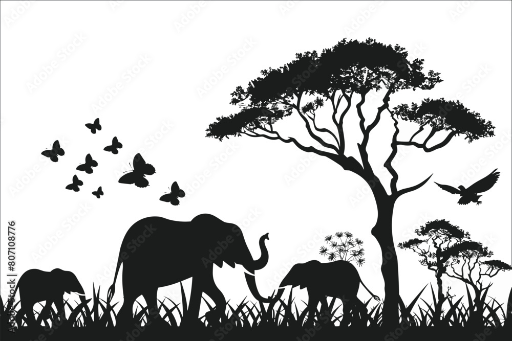 Fototapeta premium Silhouette of African elephants and trees, Silhouette of elephants and nature, Silhouettes elephant in nature isolated on a white background, Silhouette of animals, Elephants in the forest, Vector
