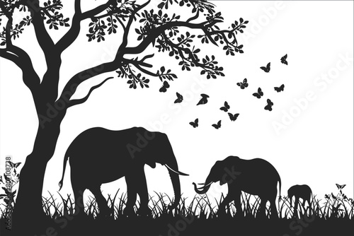 Silhouette of African elephants and trees, Silhouette of elephants and nature, Silhouettes elephant in nature isolated on a white background, Silhouette of animals, Elephants in the forest, Vector