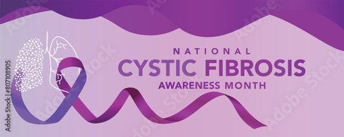 National cystic fibrosis awareness month. Vector web banner for social media, poster, card, flyer. Text National cystic fibrosis awareness month, may. Purple ribbon on white background.Print