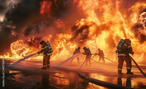 Team of firefighters as they work together to extinguish a large fire. Use a perspective that places the viewer in the middle of the action