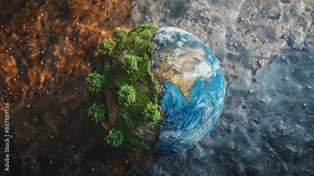 Fototapeta premium A 3D illustration showing Earth split in two halves: one depicting a thriving, green world powered by renewable energy, and the other a barren landscape affected by global warming.