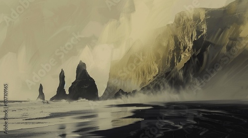 Reynisfjara during medieval times, bright painting with slight sepia tones but still in colour. photo