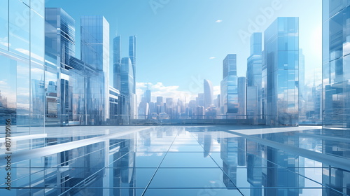 A fantastic glass city from the future. Tall buildings made of glass. Future city concept. Urban architecture  megalopolis infrastructure in light.