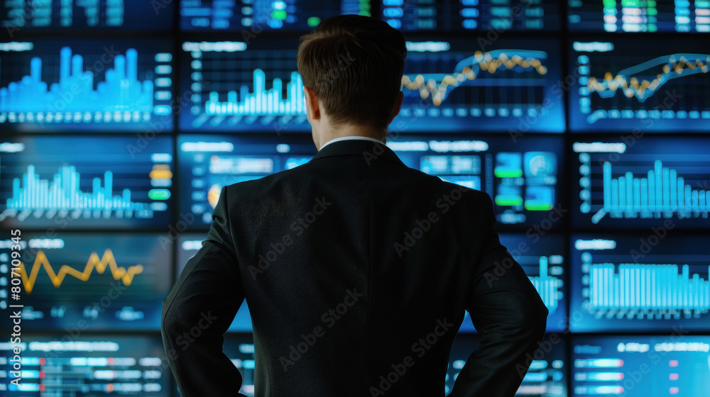 businessman in front of performance indicator screen businessman in front of performance indicator screen