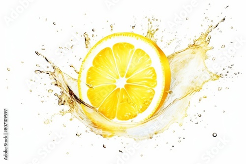 A lemon cut in half with a splash of water, watercolor illustration on a white background