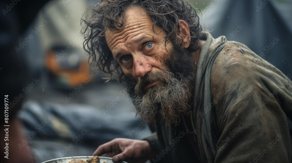 Obraz premium Homeless bearded man getting food. Poor and homeless individuals of all races are fed by the non-profit organization at a food drive.