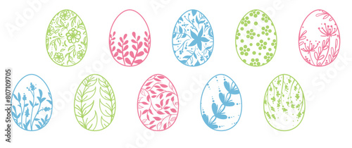 Easter eggs set. Vector lineart set of eggs with floral ornament.