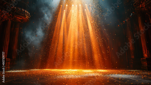 Gold and Yellow color rays glitter spotlights with elegant an empty stage abstract background