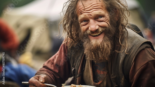 Homeless bearded man getting food. Poor and homeless individuals of all races are fed by the non-profit organization at a food drive. photo