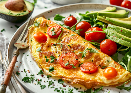 Healty food omelette with tomatoes and avocado.