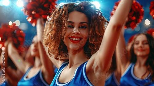 cheerleaders dancing with pompoms and looking at camera at basketball stadium