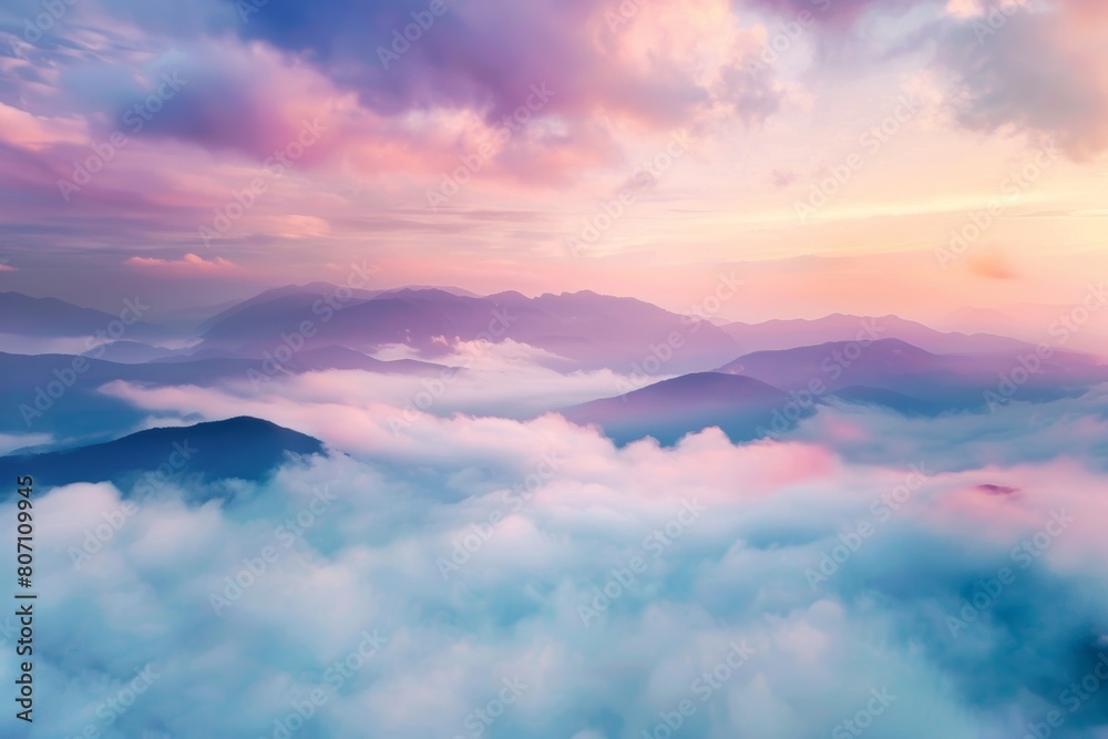 Naklejka premium KSBeautiful misty valley at sunrise aerial view of mount