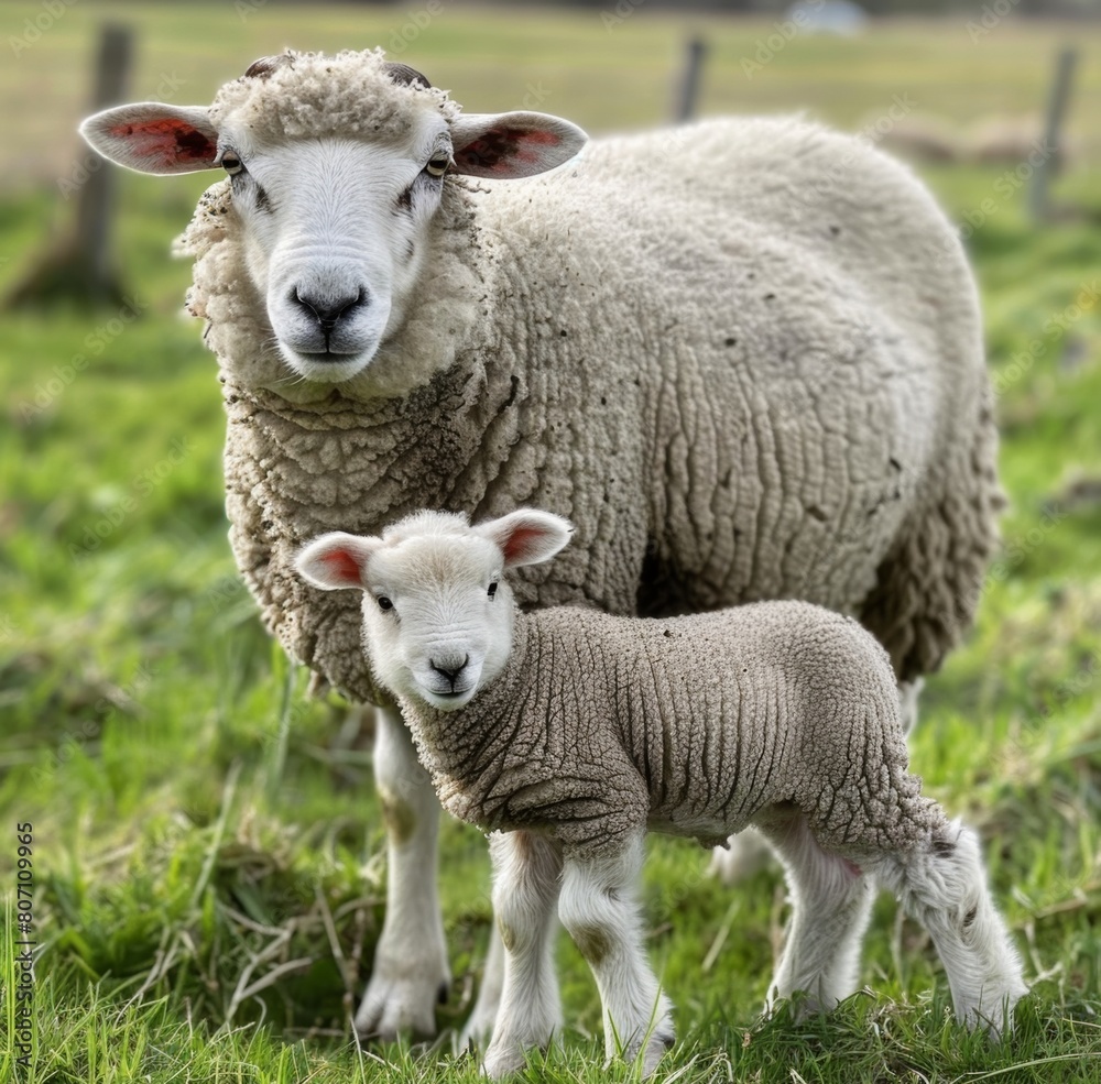 A ewe and her lamb are standing in the grass. A ewe and her lamb are standing in the grass.