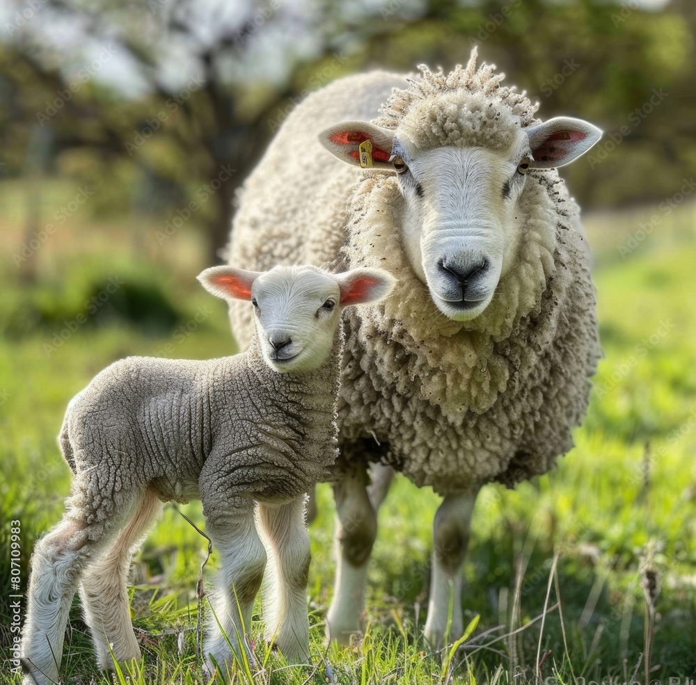 Obraz premium A ewe and her lamb are standing in the grass. 