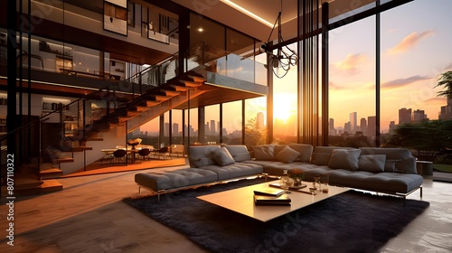 Modern living room with panoramic window overlooking the city at sunset