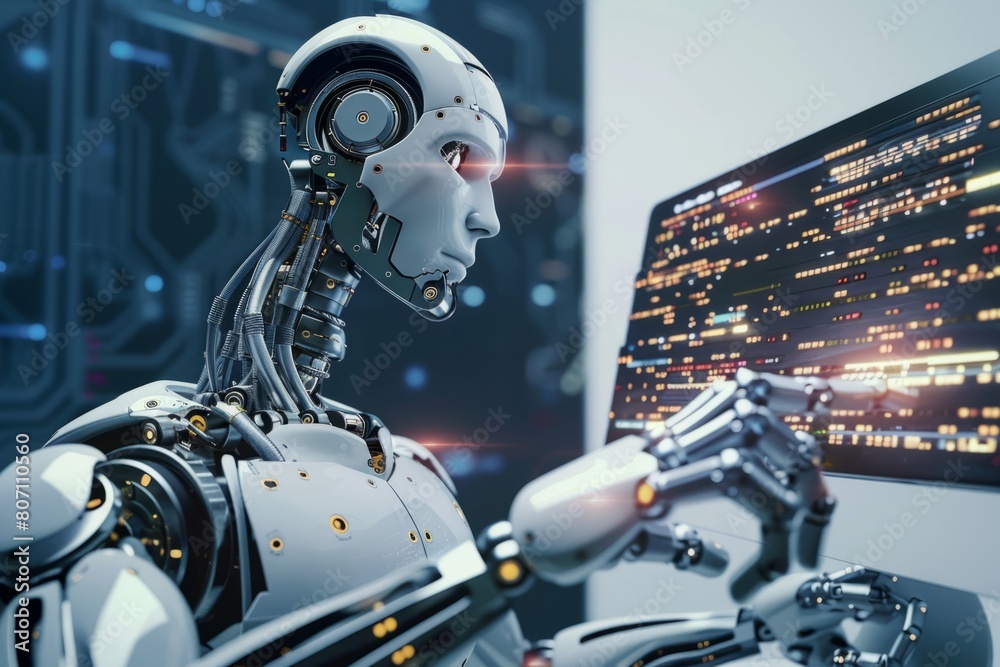 Fototapeta premium Robotic Efficiency: A Bot Engaged in Computer Work