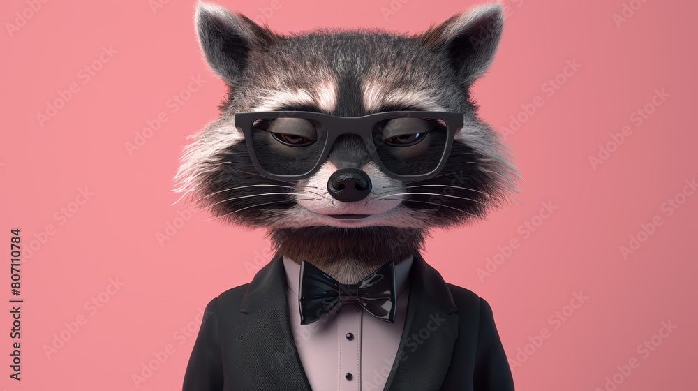 A charming scene of a raccoon in a tailored tuxedo and sophisticated glasses, giving a cheeky wink, set against a soft, pastel pink background. A charming scene of a raccoon in a tailored tuxedo and sophisticated glasses, giving a cheeky wink, set against a soft, pastel pink background.