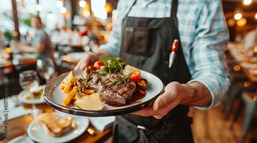  A tight shot of an individual's hands gripping a dinner plate filled with meat and vegetables in a restaurant setting