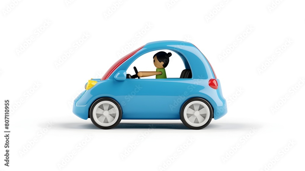 Compact Blue Miniature Car Driven on White Background in 3D Compact Blue Miniature Car Driven on White Background in 3D
