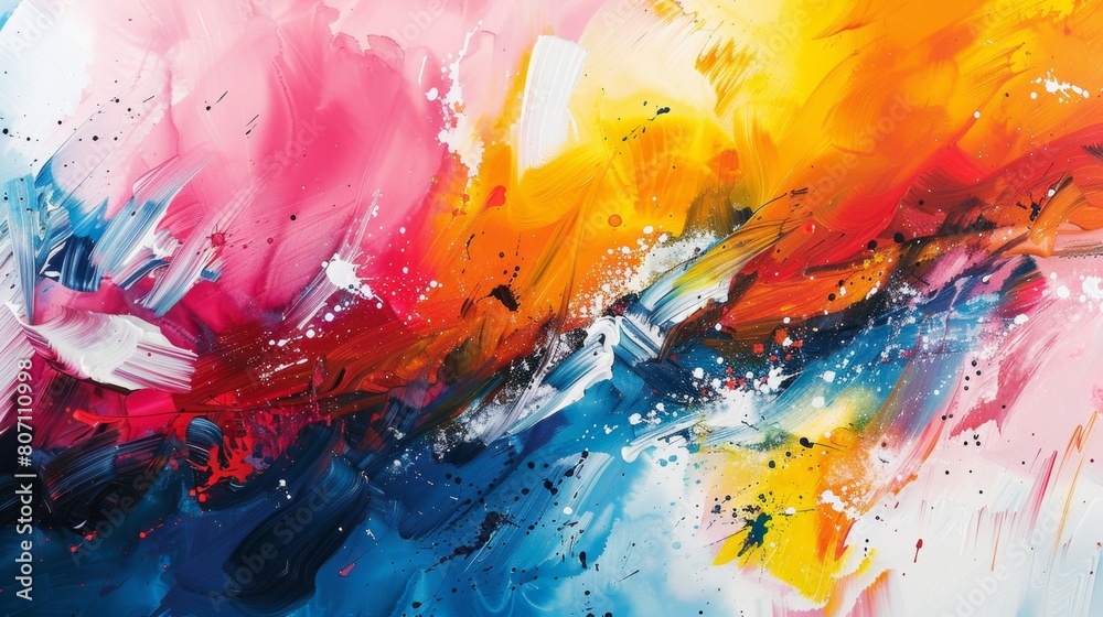 In a dynamic abstract painting, vibrant colors such as pink, blue, and orange blend explosively with energetic brush strokes and splatters.
