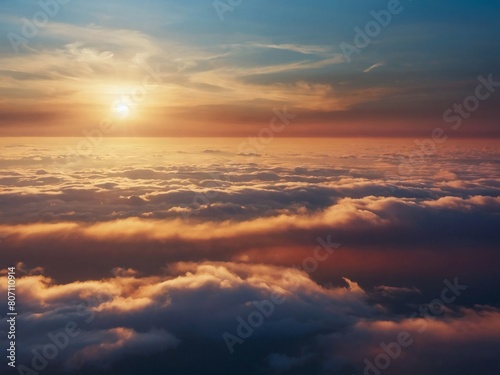 Witness the sublime beauty of a heavenly sky, an abstract portrayal of sunset colors above a sea of clouds, in an extra-wide illustration, symbolizing hope and the divine in a breathtaking vista.