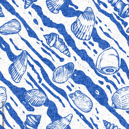 Azure blue white shell motif with linen seamless batik background. Modern coastal beach cottage rustic shell block print home decor pattern design in sealife beach style. 
