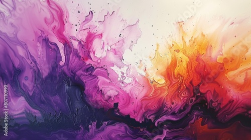 Explosive fusion of colors including pink, blue, and orange, combined with energetic brush strokes and splatters, defines a dynamic abstract painting. photo