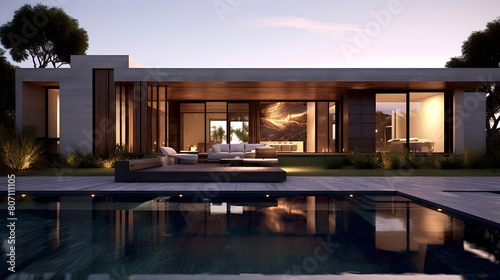 Modern Luxury Home with swimming pool at sunset. 3d rendering © Michelle