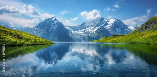 Beautiful view of the Bernese mountains over the Bachalpsee lake. © munja02