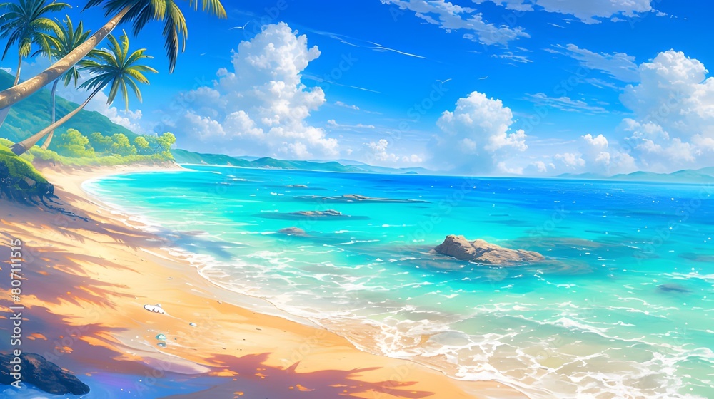 Landscape Photo of a Beach and Ocean, anime style