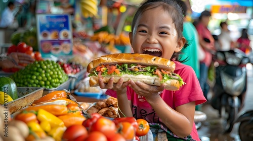 Culinary Delight: Child's Excitement at a Traditional Thai Market during a Tasty Breakfast Adventure photo
